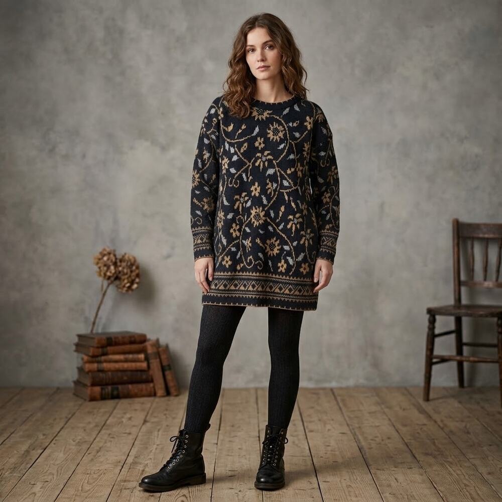 Vintage Dana Scott black gold long sleeve sweater Size Large floral top Metallic